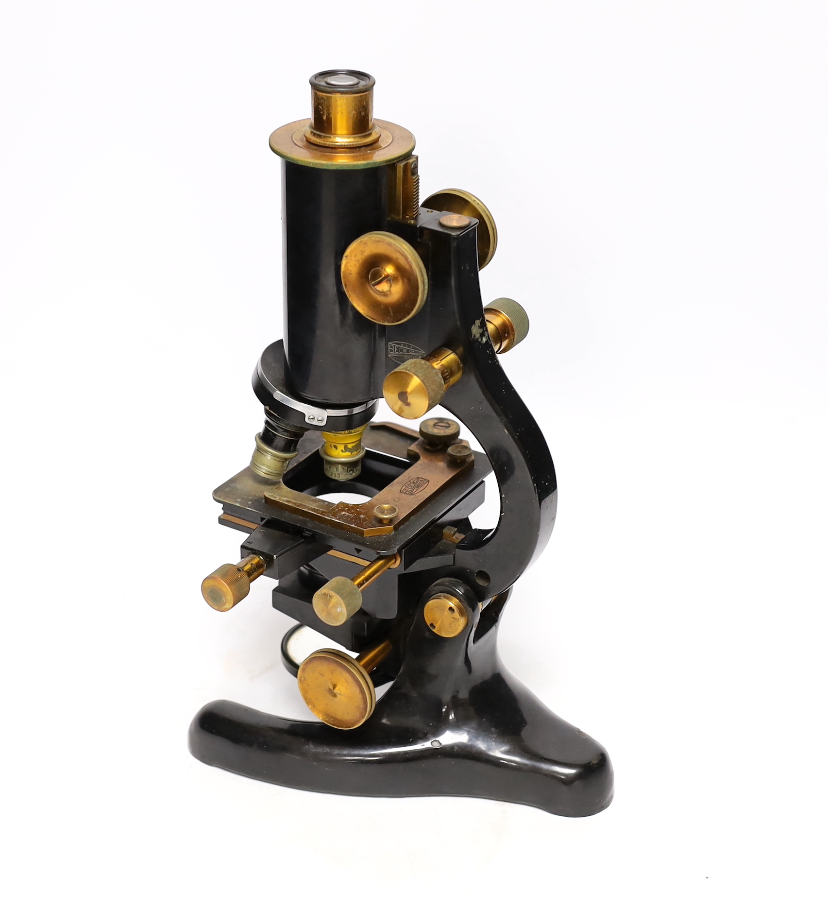 An R and J Beck Ltd monocular brass microscope, in wooden case, marked for the London School of Hygiene and Tropical Medicine (Z.235), case 36.5cm high